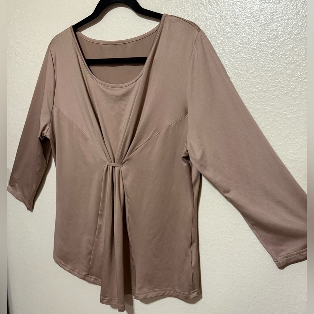 Ruched Front Scoop Neck Blouse XXL | Taupe Draped 3/4 Sleeve Top - Picture 3 of 4